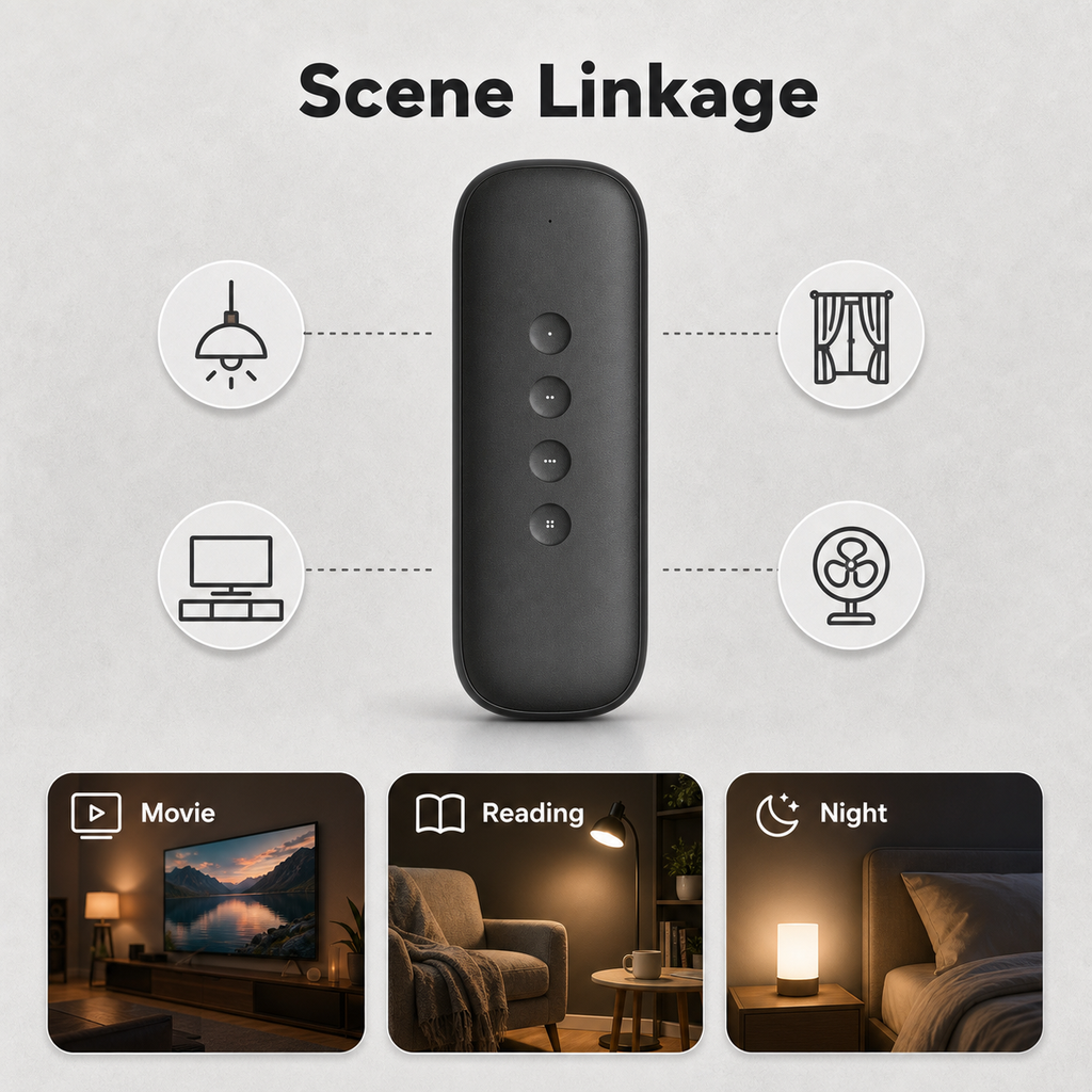 Scene linkage overview with black 4-button remote and home mode tiles