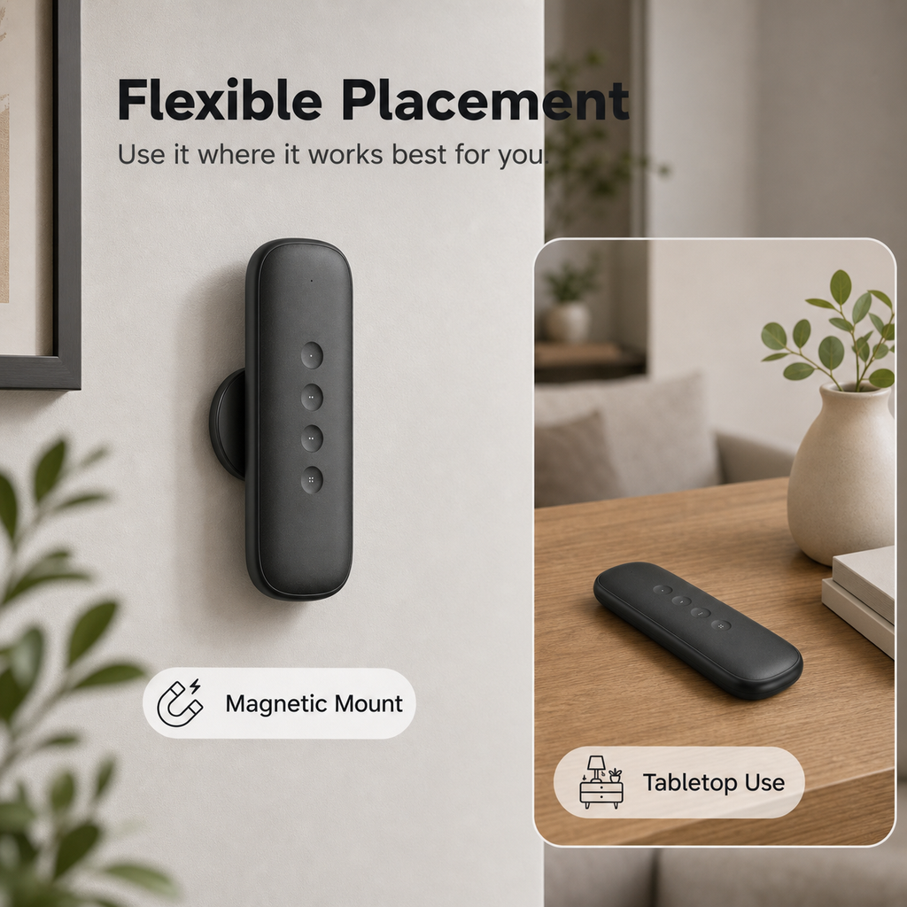 Flexible magnetic placement for black 4-button scene remote on wall and tabletop