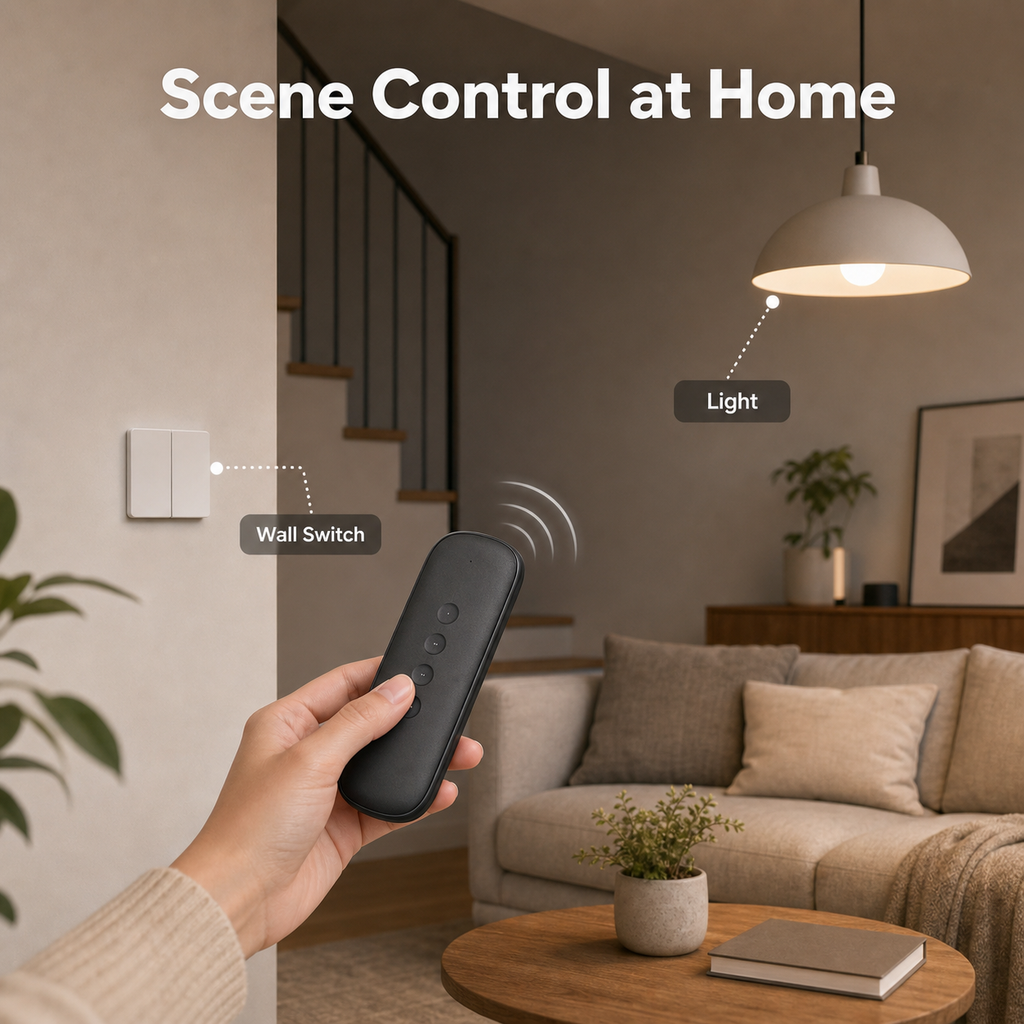 Home scene control with 4-button remote, wall switch and light