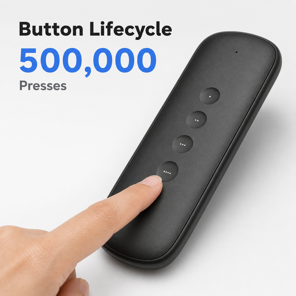Button lifecycle close-up showing 500,000 presses on black scene remote