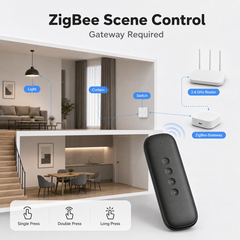 ZigBee scene control diagram with gateway, router and 4-button remote