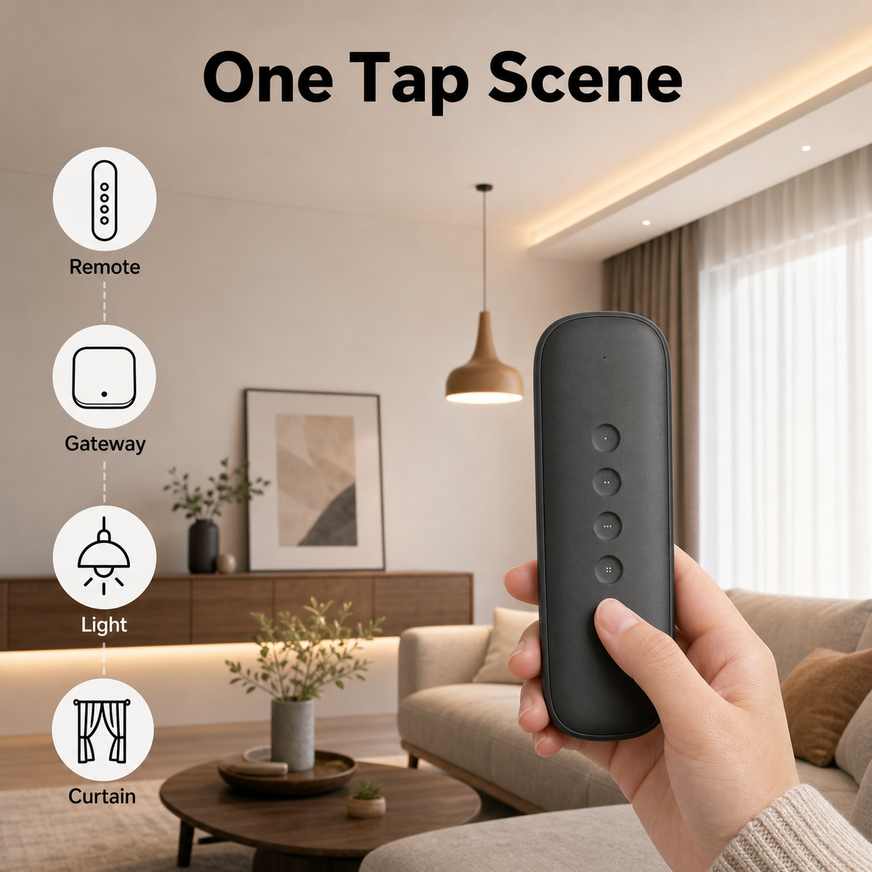 One tap scene control with gateway, light and curtain devices