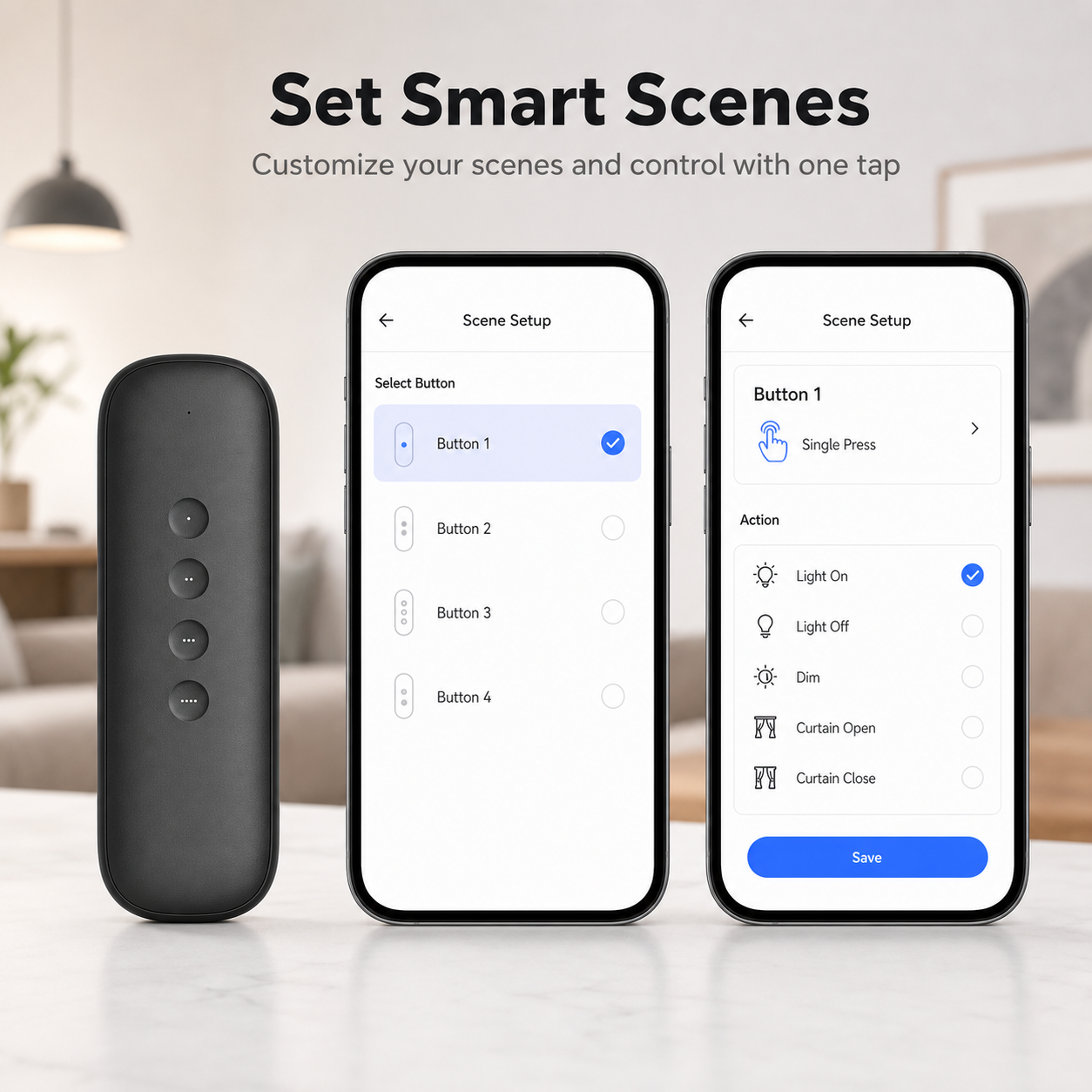 Generic app scene setup screens next to black 4-button scene remote
