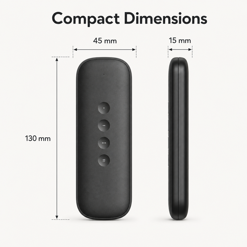 Compact dimensions diagram for black 4-button scene remote