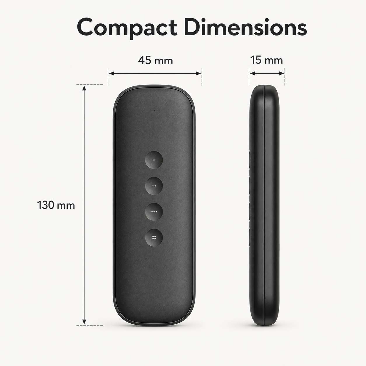 Compact dimensions diagram for black 4-button scene remote