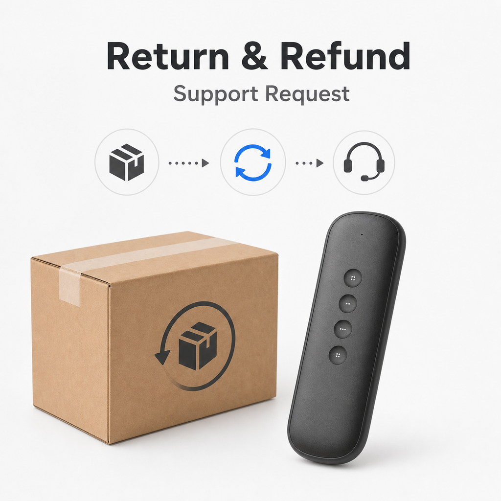 Return and refund support visual with parcel and black 4-button remote