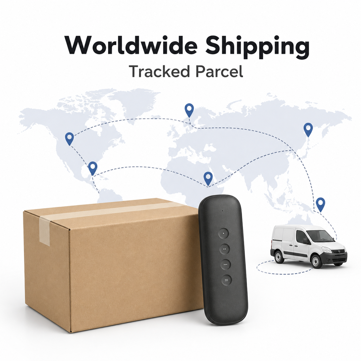 Worldwide shipping visual with tracked parcel and black 4-button remote