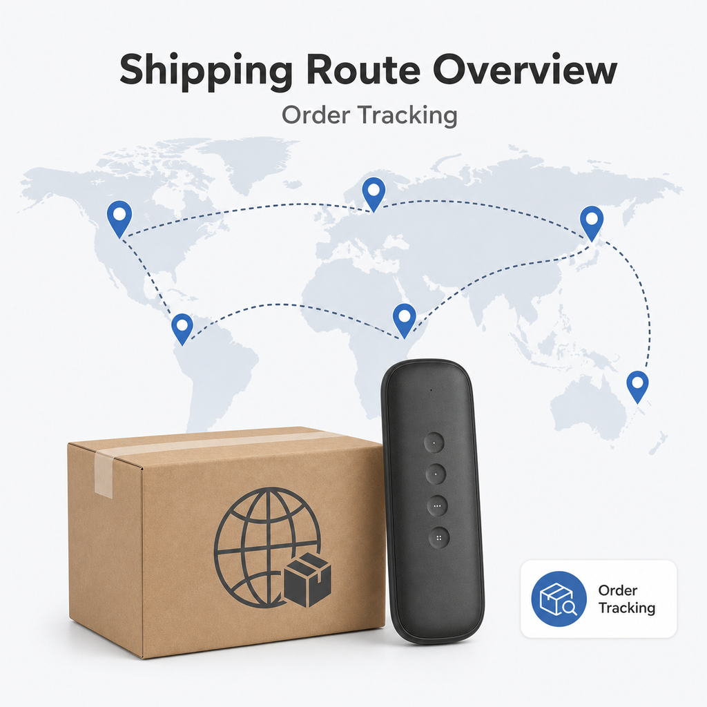 Shipping route overview with order tracking and 4-button remote