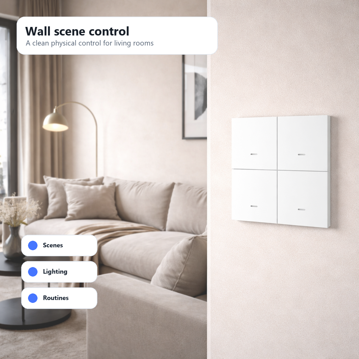 NéoScene 4 Pro Comfort scene remote mounted on a modern living room wall