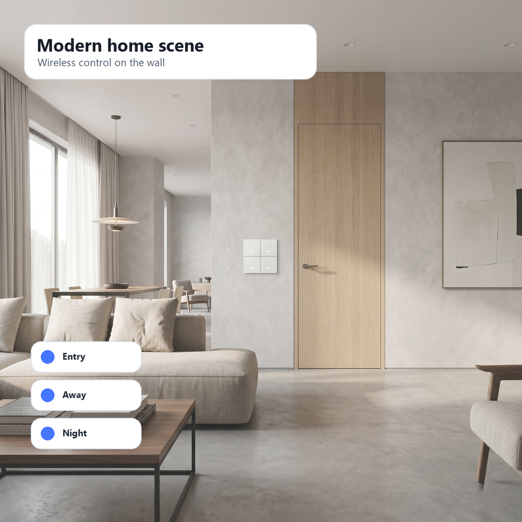 Modern living room scene with NéoScene 4 Pro Comfort wireless wall remote