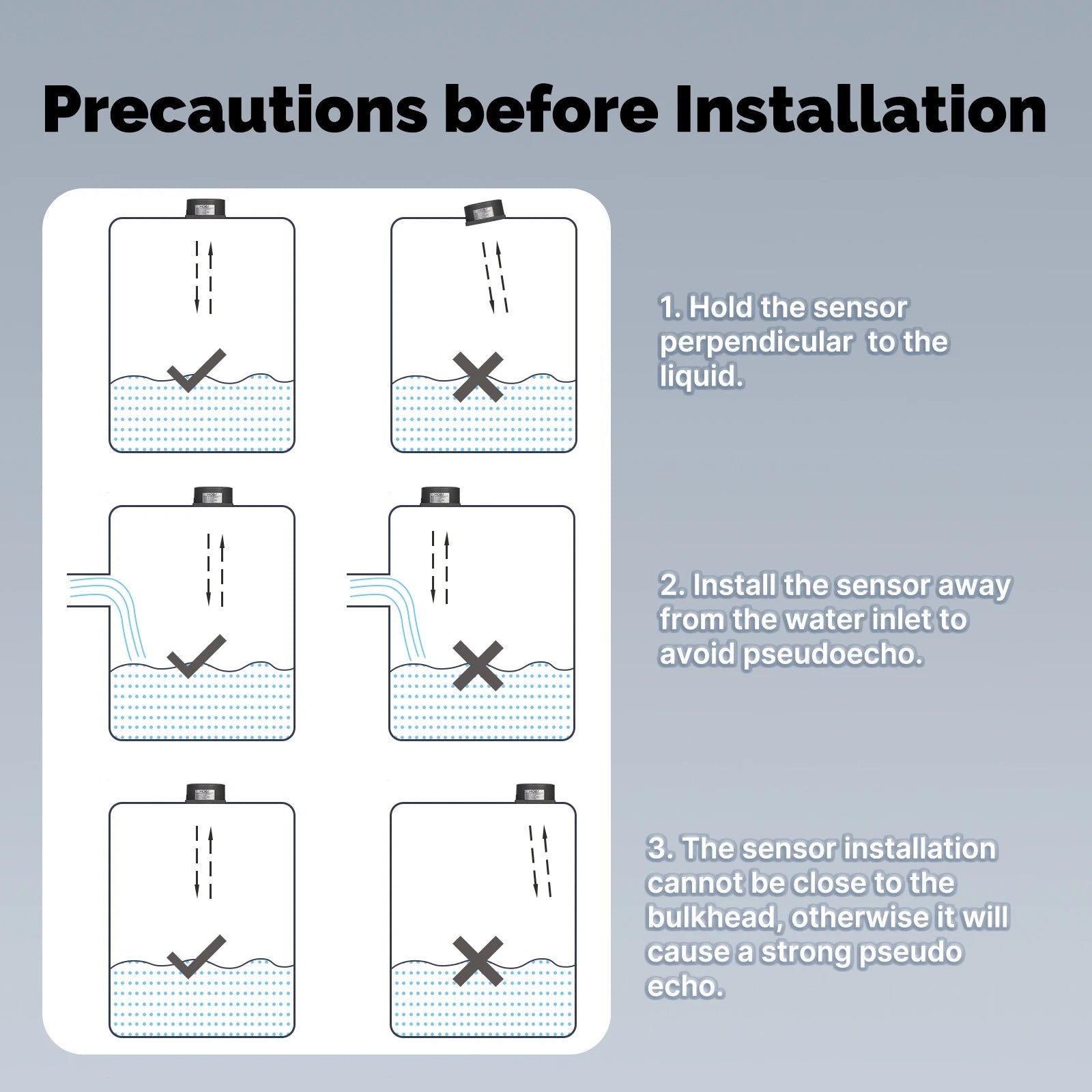 Installation precautions diagram for ultrasonic liquid level sensor
