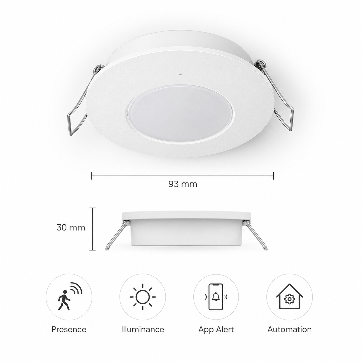 Dimensions and feature overview for recessed ceiling presence sensor