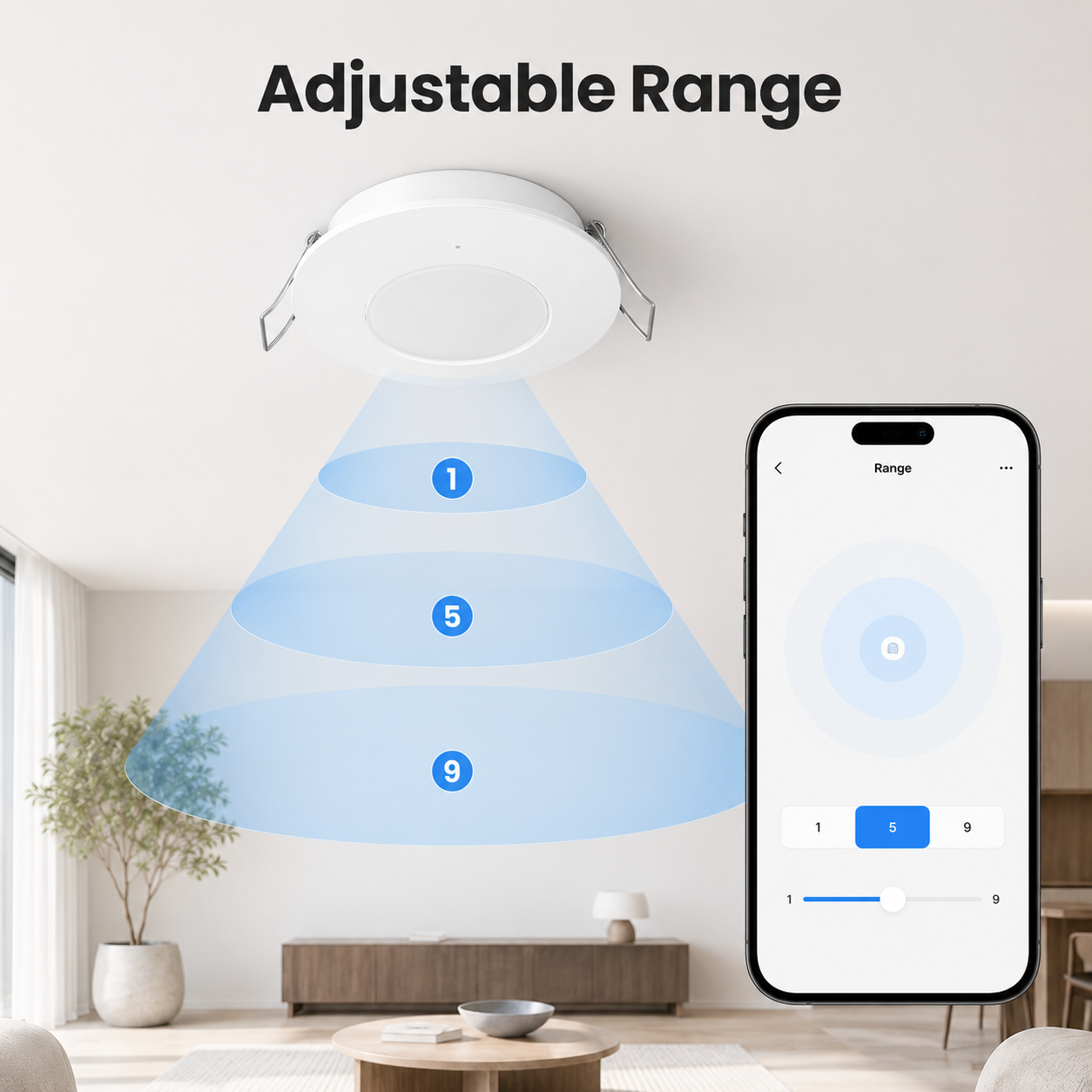 Adjustable detection range for ceiling presence sensor