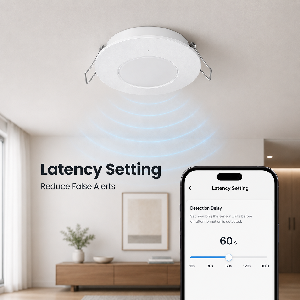 Detection latency setting for ceiling presence sensor