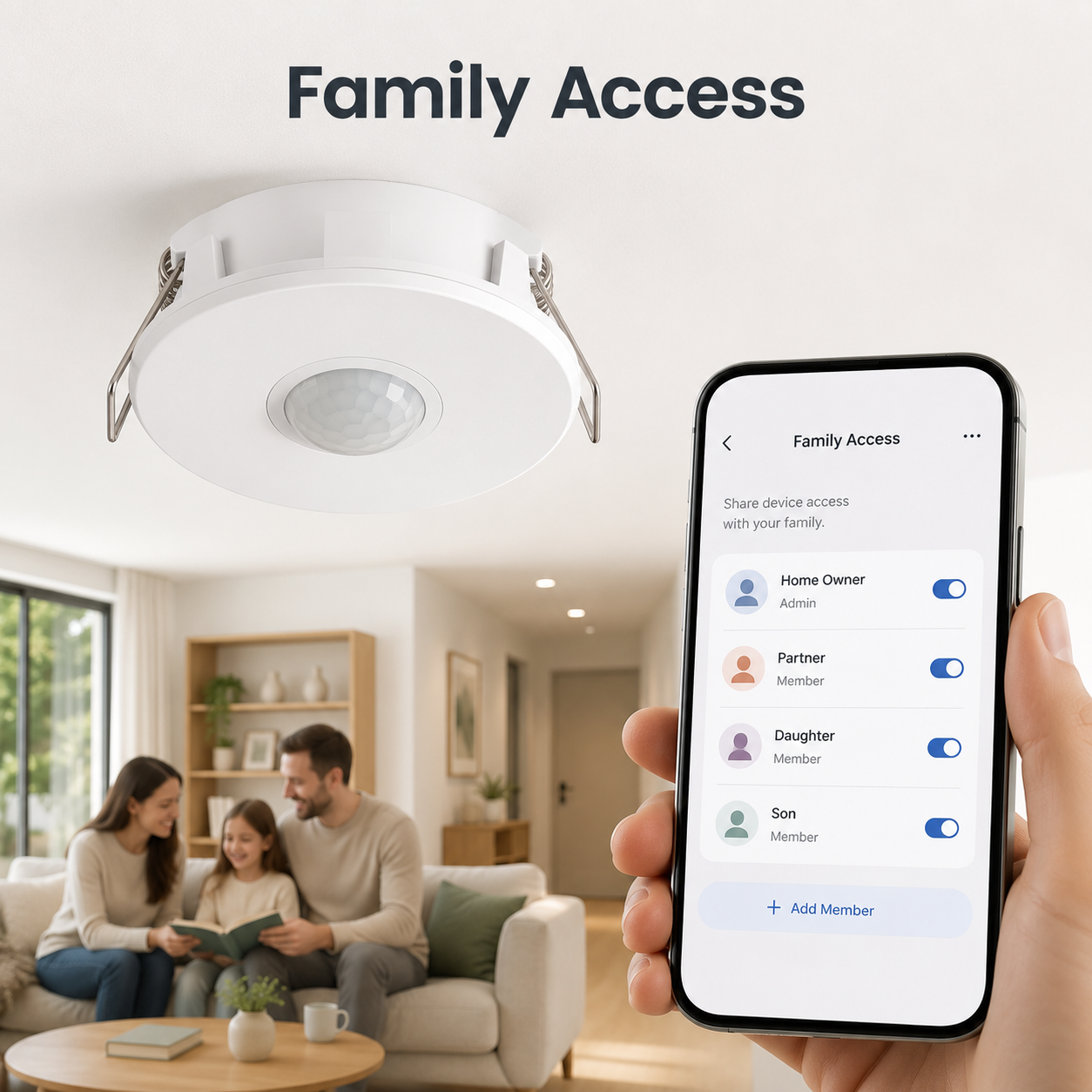 Family access sharing for ceiling presence sensor