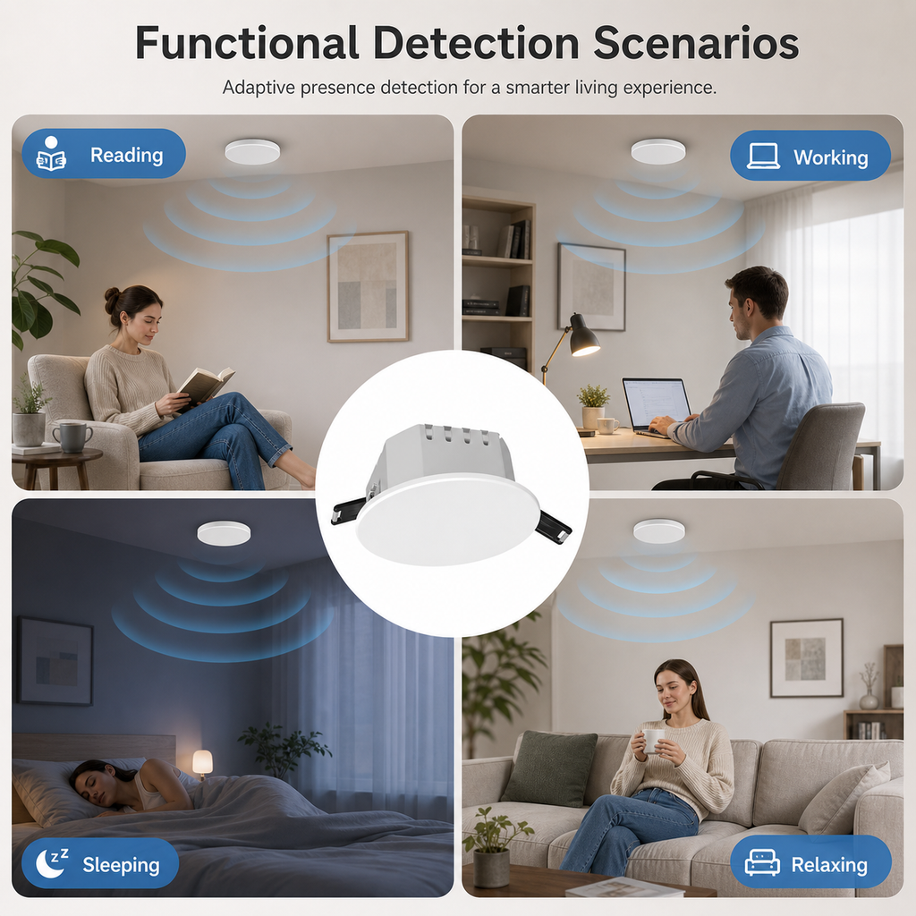 Functional detection scenarios for ceiling presence sensor