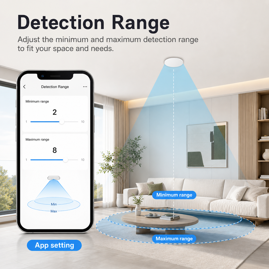 Detection range settings for ceiling presence sensor