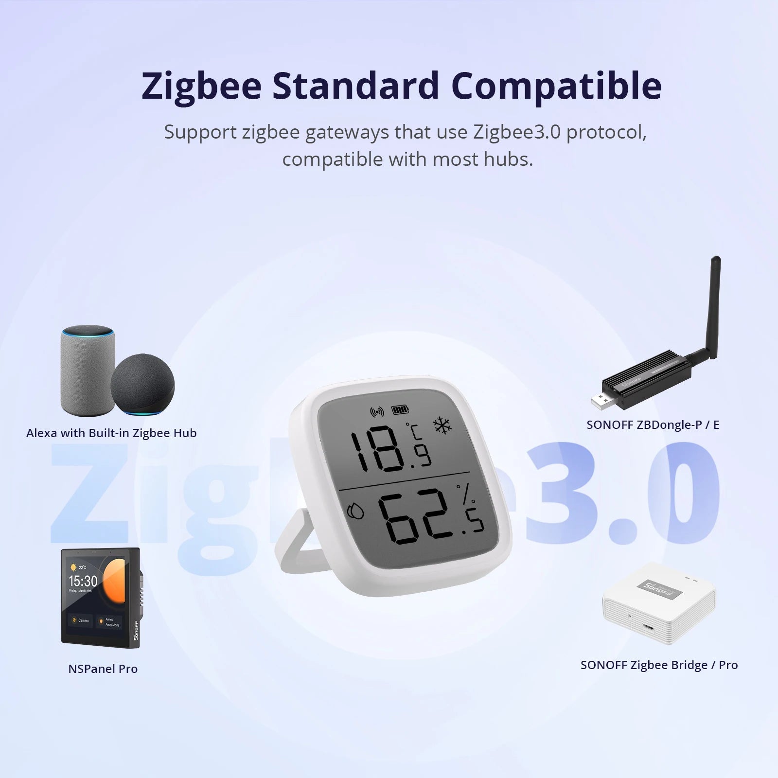 Feature overview showing clear LCD display and refresh settings for climate sensor