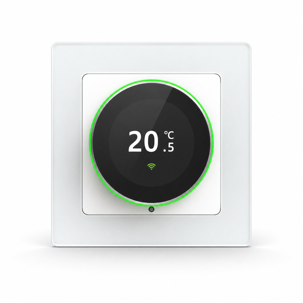 White Rotary-S Wi-Fi thermostat with a green LED ring on a clean studio background