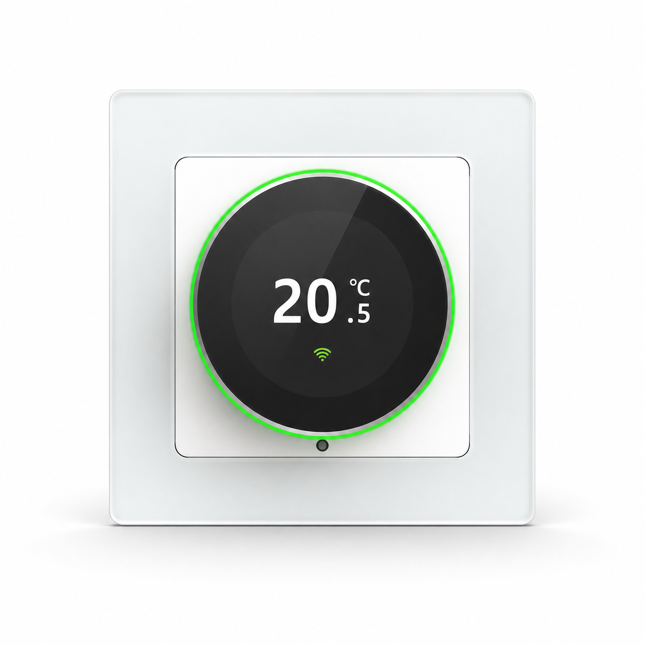 White Rotary-S Wi-Fi thermostat with a green LED ring on a clean studio background
