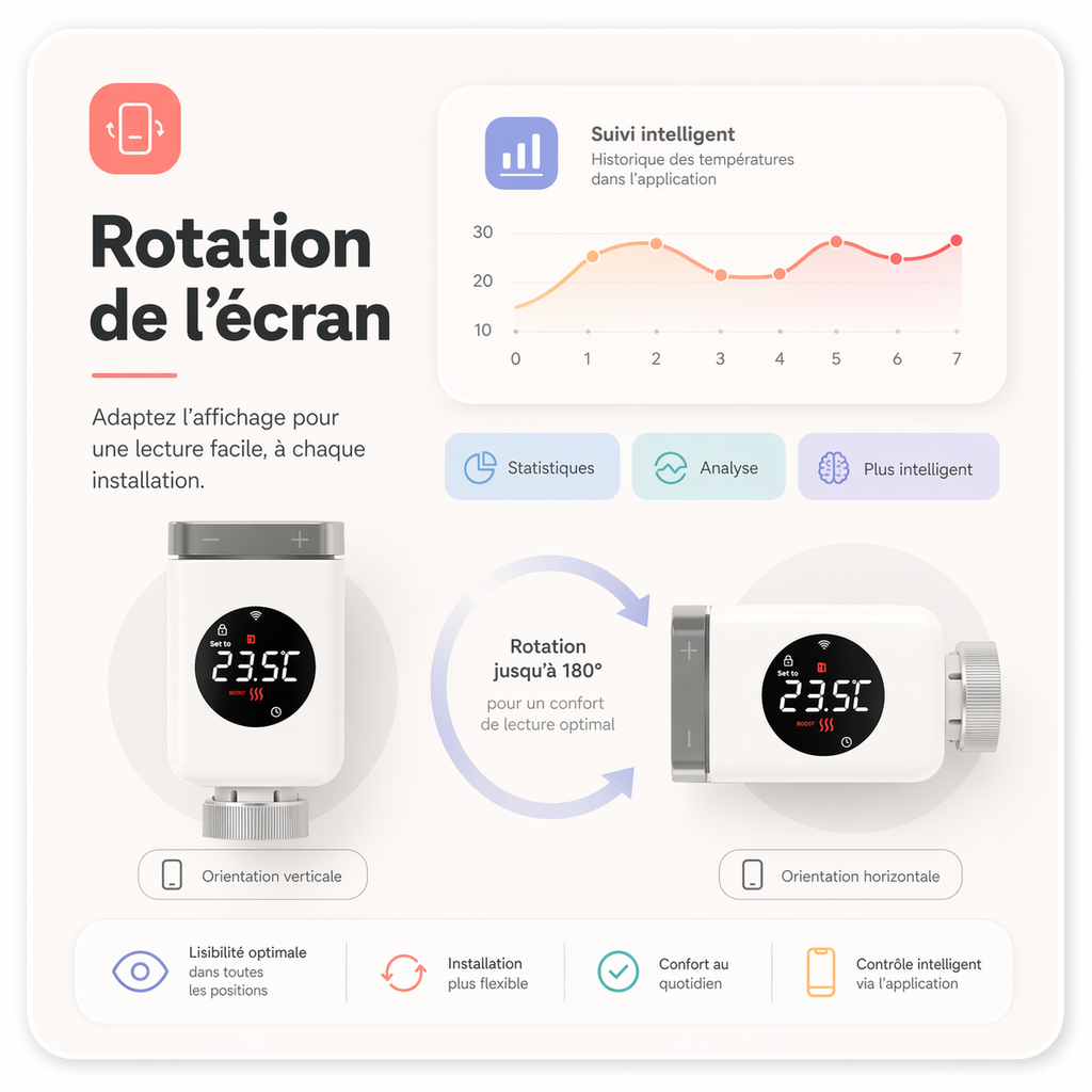 Rotation de l’écran de la tête thermostatique selon l’installation.