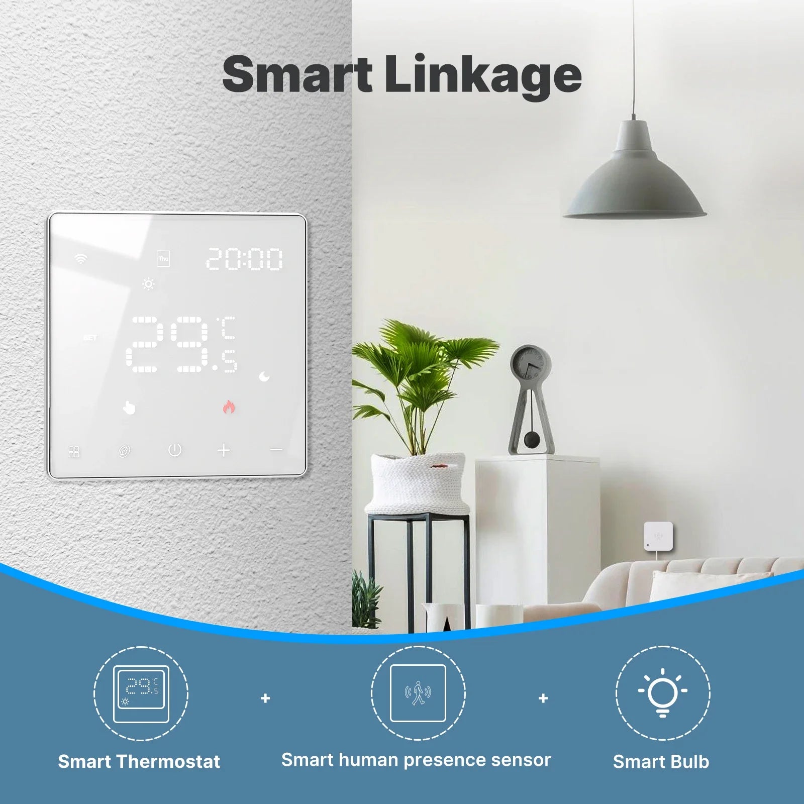 Scène maison intelligente avec thermostat mural NéoPure Comfort, capteur de présence et ampoule connectée.