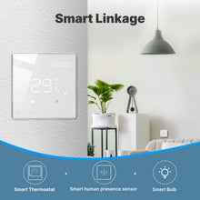 Scène maison intelligente avec thermostat mural NéoPure Comfort, capteur de présence et ampoule connectée.