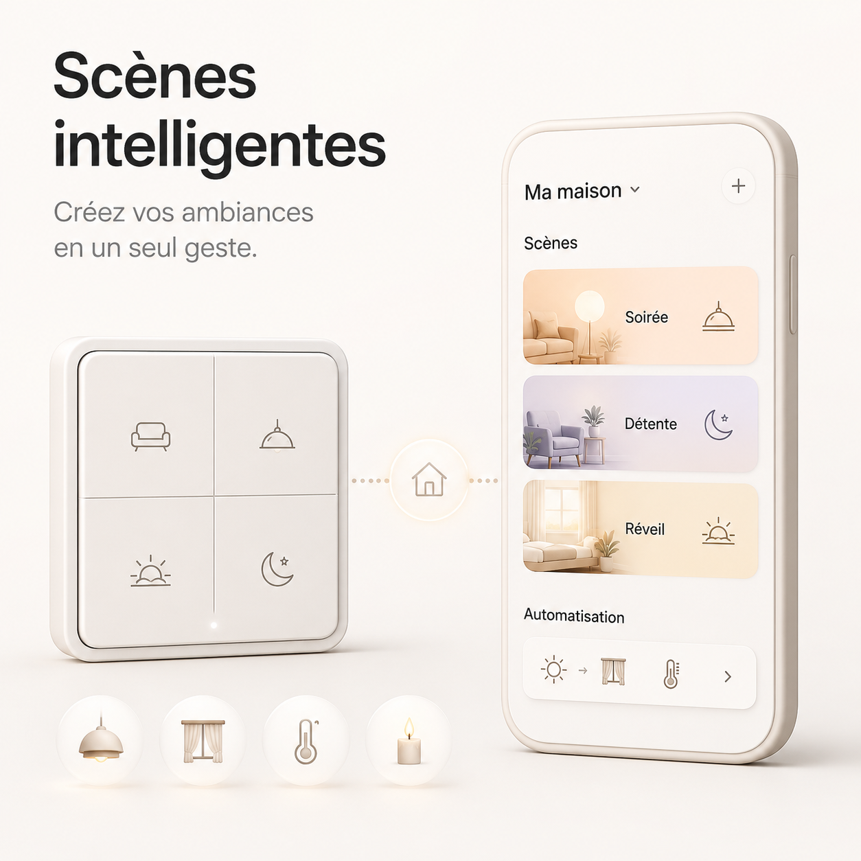 NéoScene 4 Comfort avec scènes intelligentes configurées depuis l’application mobile.