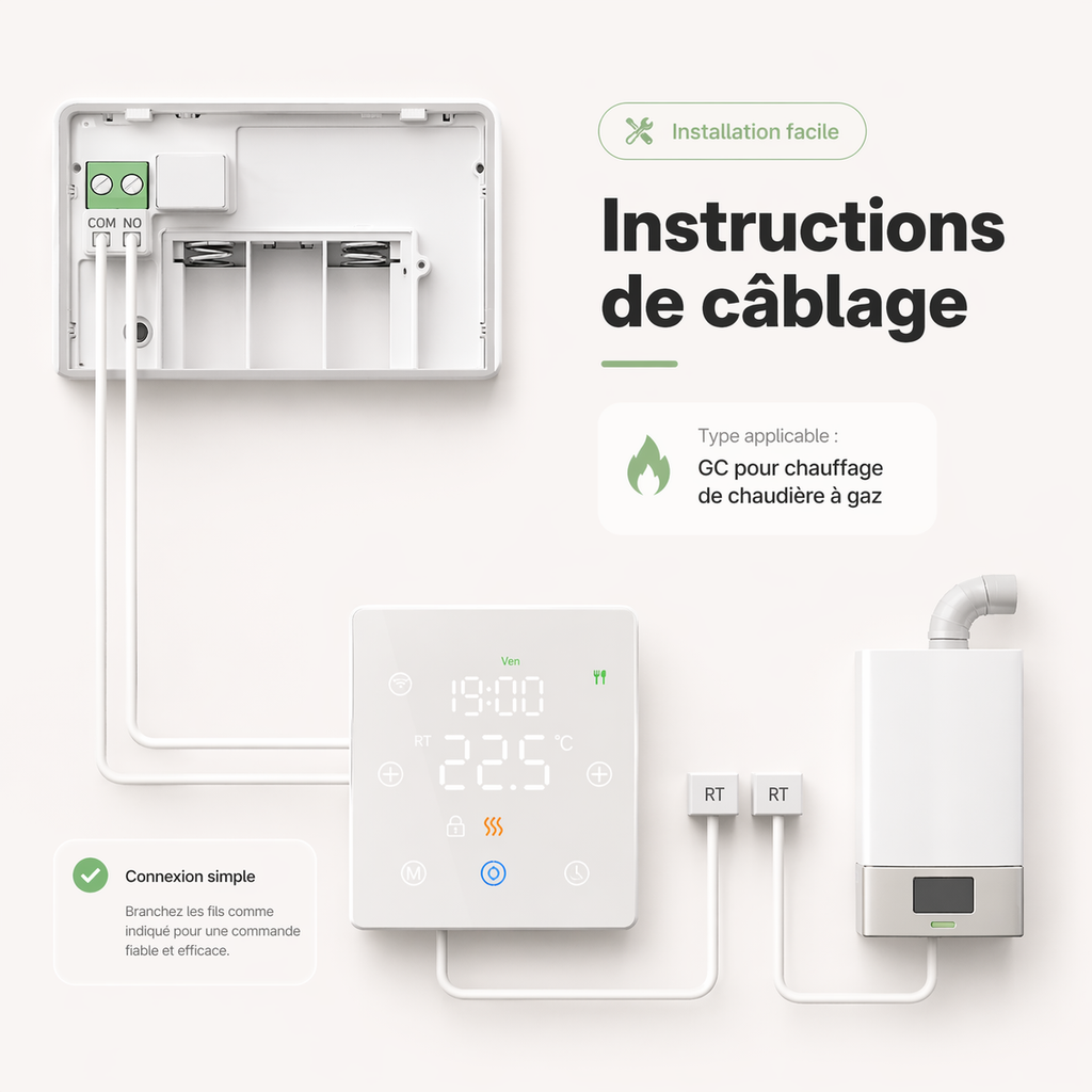 Schema de cablage du thermostat sans fil Neodom pour chaudiere gaz avec bornes RT et installation murale.