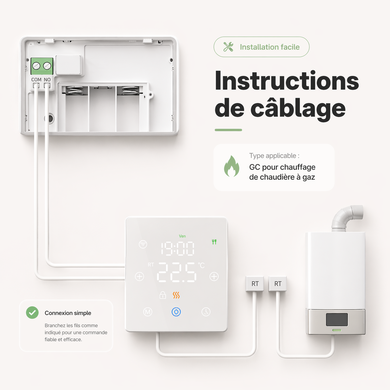Schema de cablage du thermostat sans fil Neodom pour chaudiere gaz avec bornes RT et installation murale.
