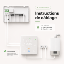 Schema de cablage du thermostat sans fil Neodom pour chaudiere gaz avec bornes RT et installation murale.