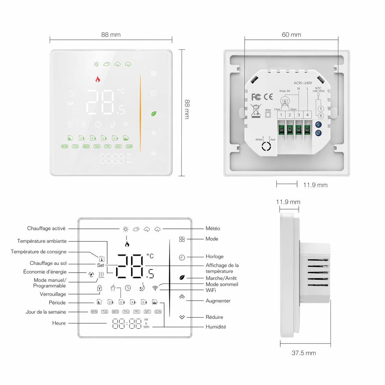 Schéma technique du NéoStation Comfort avec dimensions, bornier de câblage et icônes de l'écran LED.