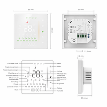 Schéma technique du NéoStation Comfort avec dimensions, bornier de câblage et icônes de l'écran LED.