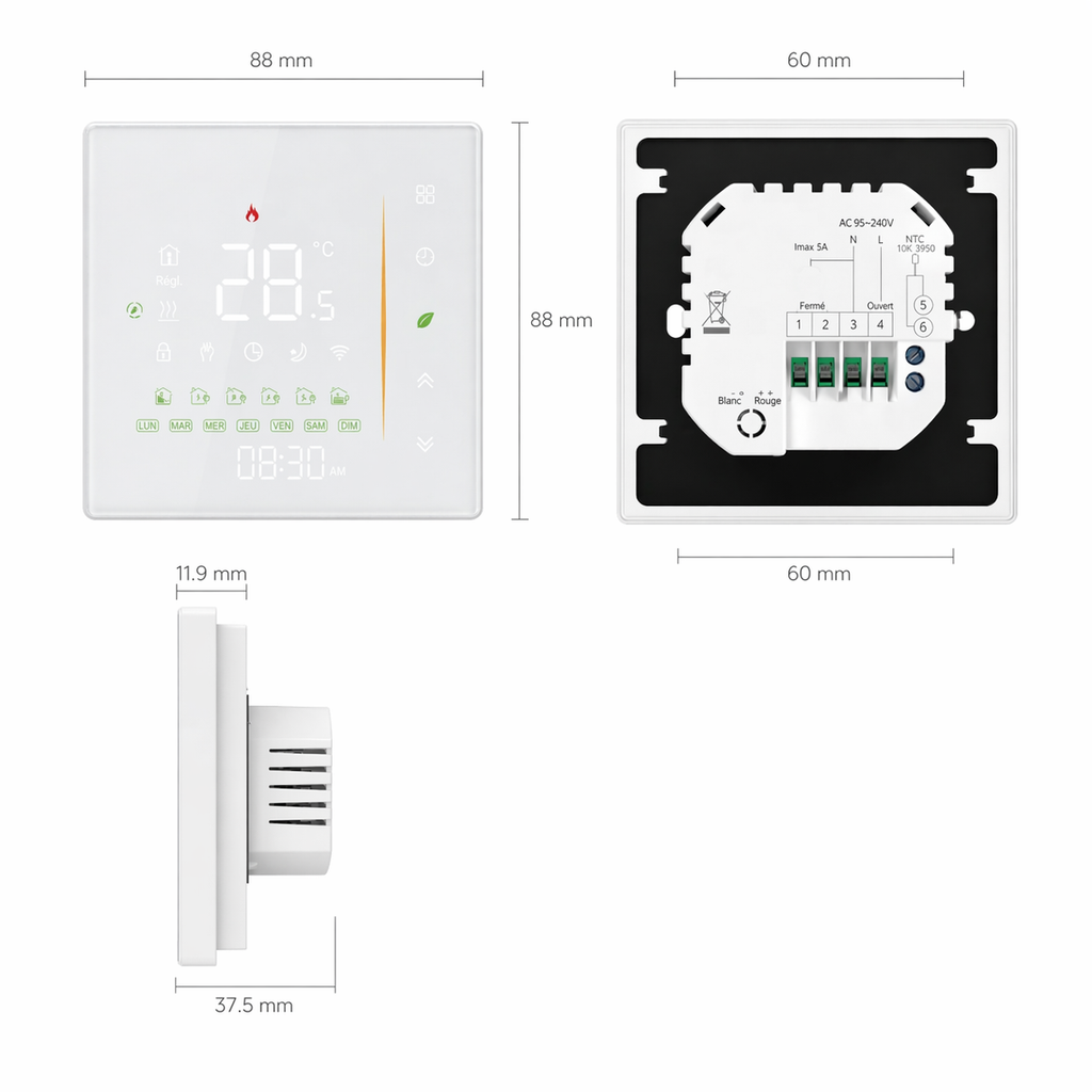 Schéma NéoGlass Comfort présentant les dimensions et le câblage du thermostat mural tactile.