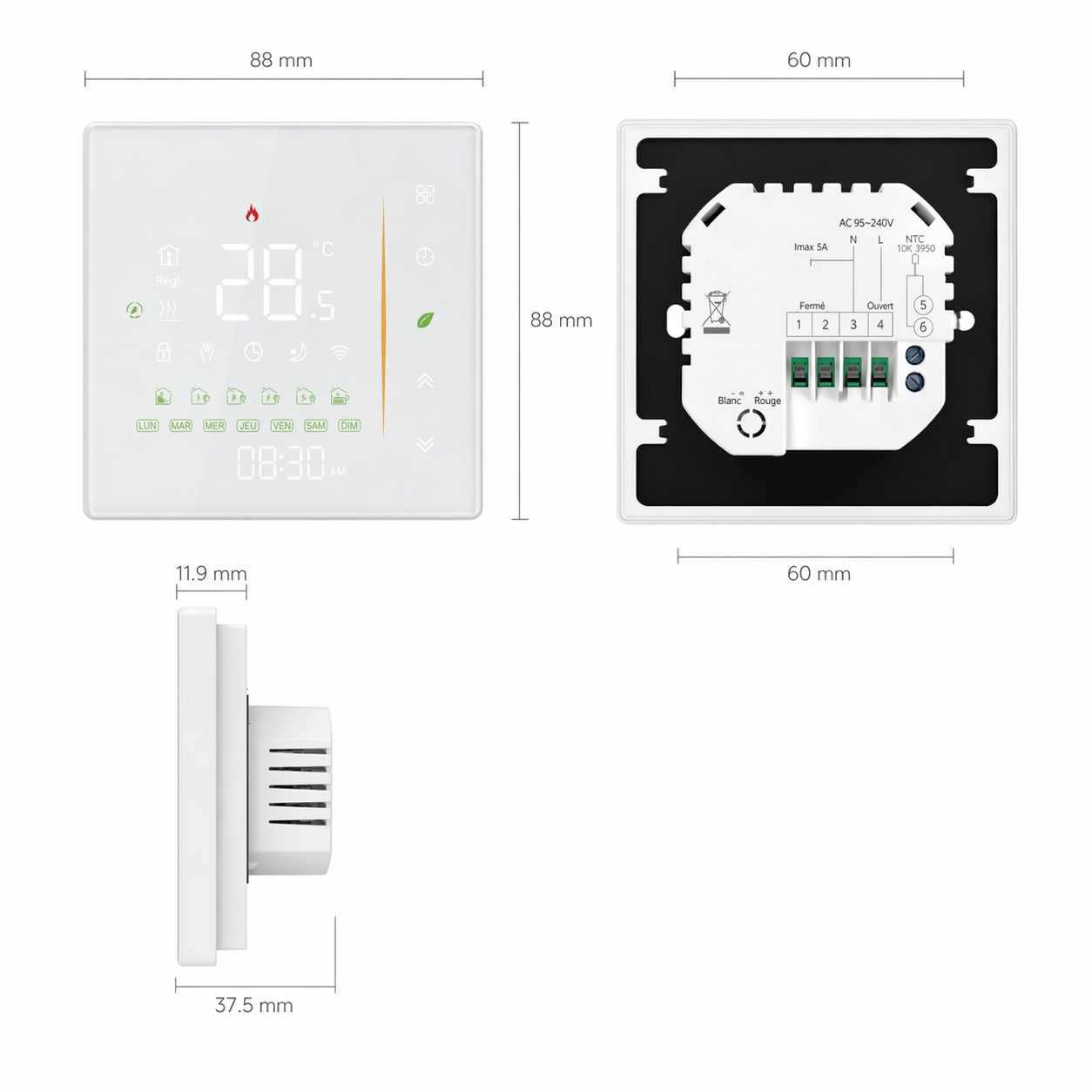 Schéma NéoGlass Comfort présentant les dimensions et le câblage du thermostat mural tactile.
