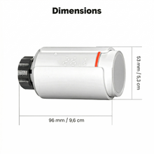 Schéma horizontal des dimensions de la vanne thermostatique NéoGraph Comfort blanc pur avec écran et bague métallique.