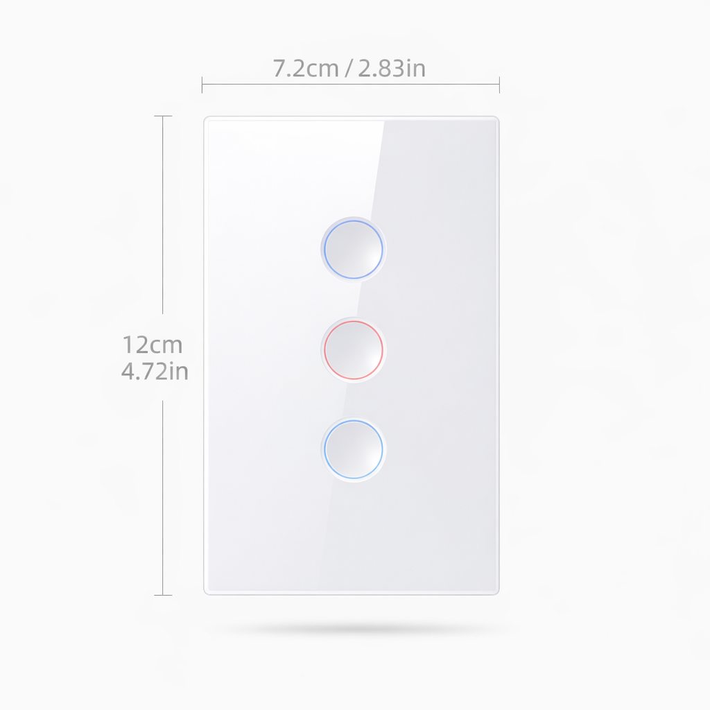 Schéma des dimensions de l’interrupteur Zigbee à trois canaux.
