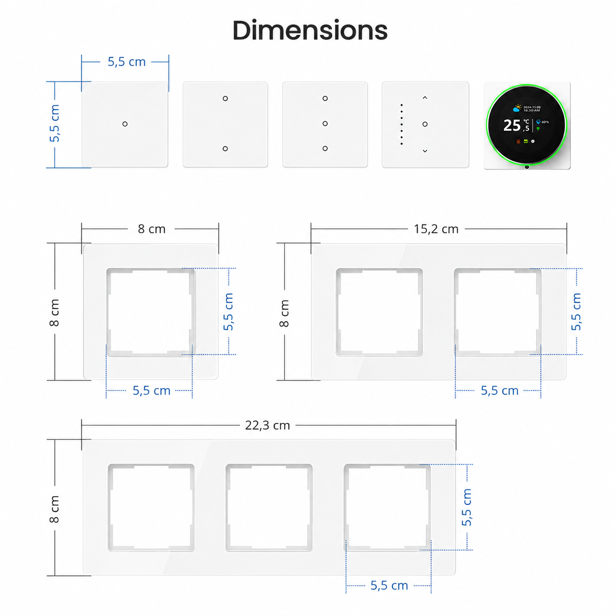 Schéma des dimensions des modules et cadres NéoGrid Essential.