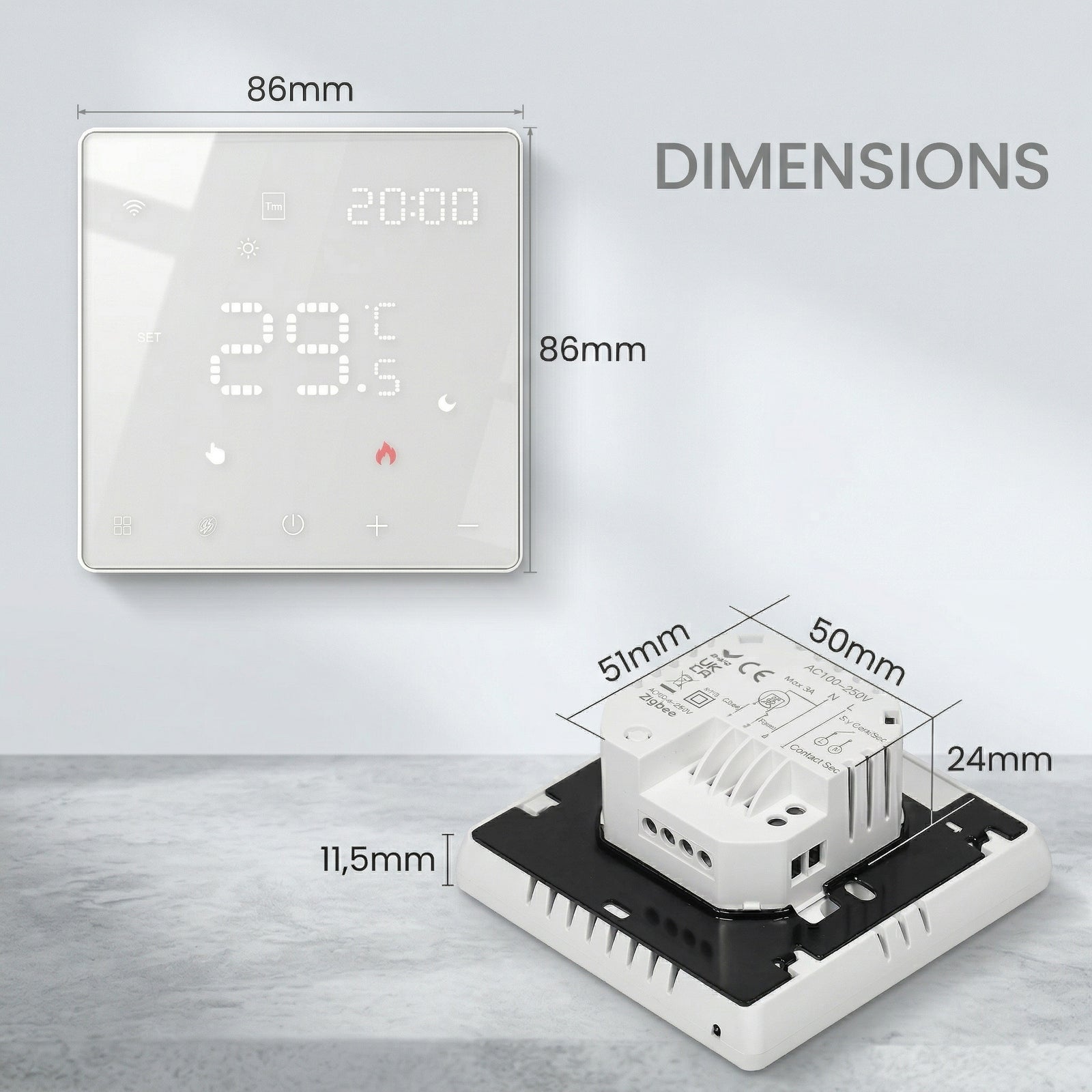 Schéma des dimensions du thermostat mural NéoPure Comfort blanc pur avec module arrière et écran LED.
