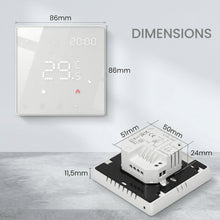 Schéma des dimensions du thermostat mural NéoPure Comfort blanc pur avec module arrière et écran LED.