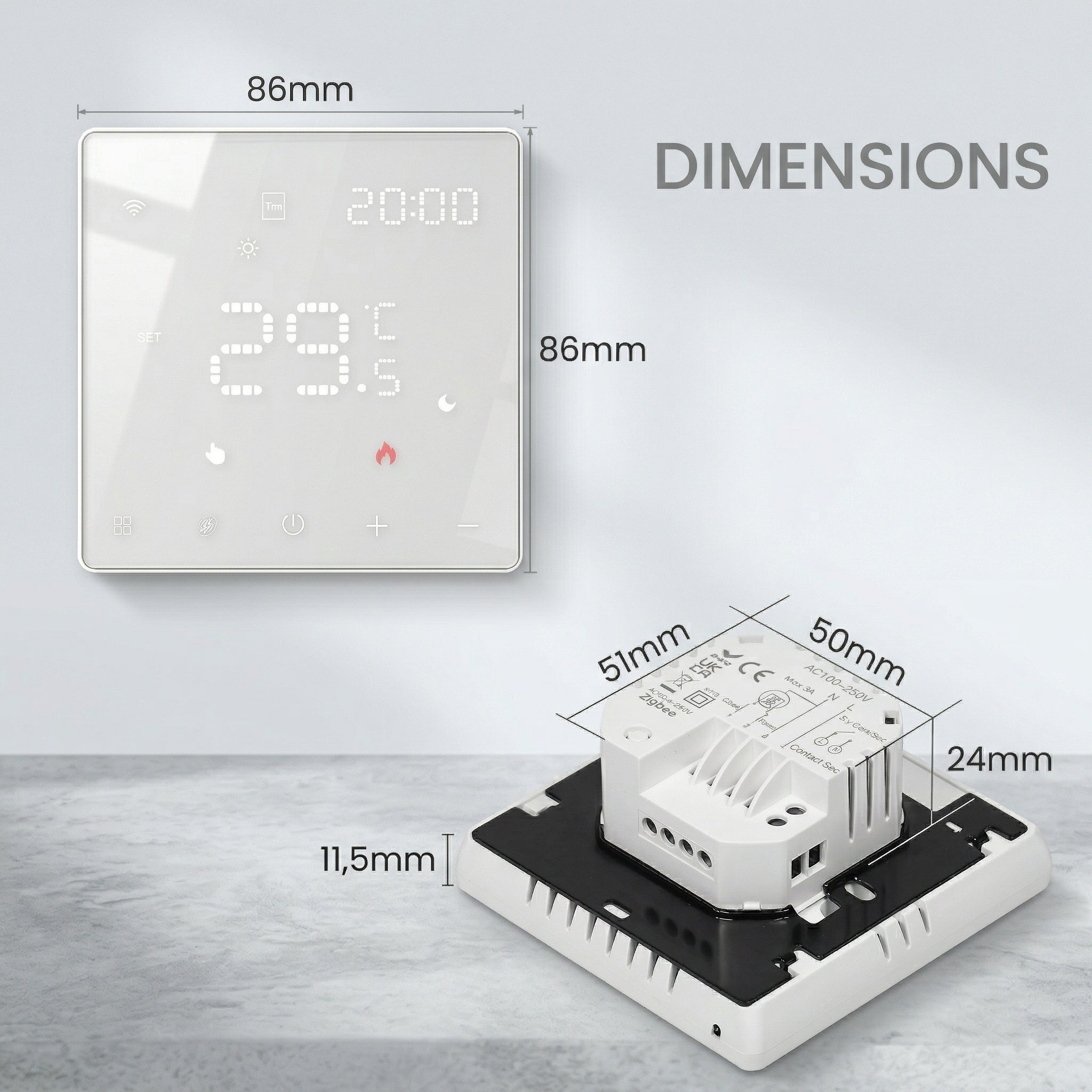 Schéma des dimensions du thermostat mural NéoPure Comfort blanc pur avec module arrière et écran LED.