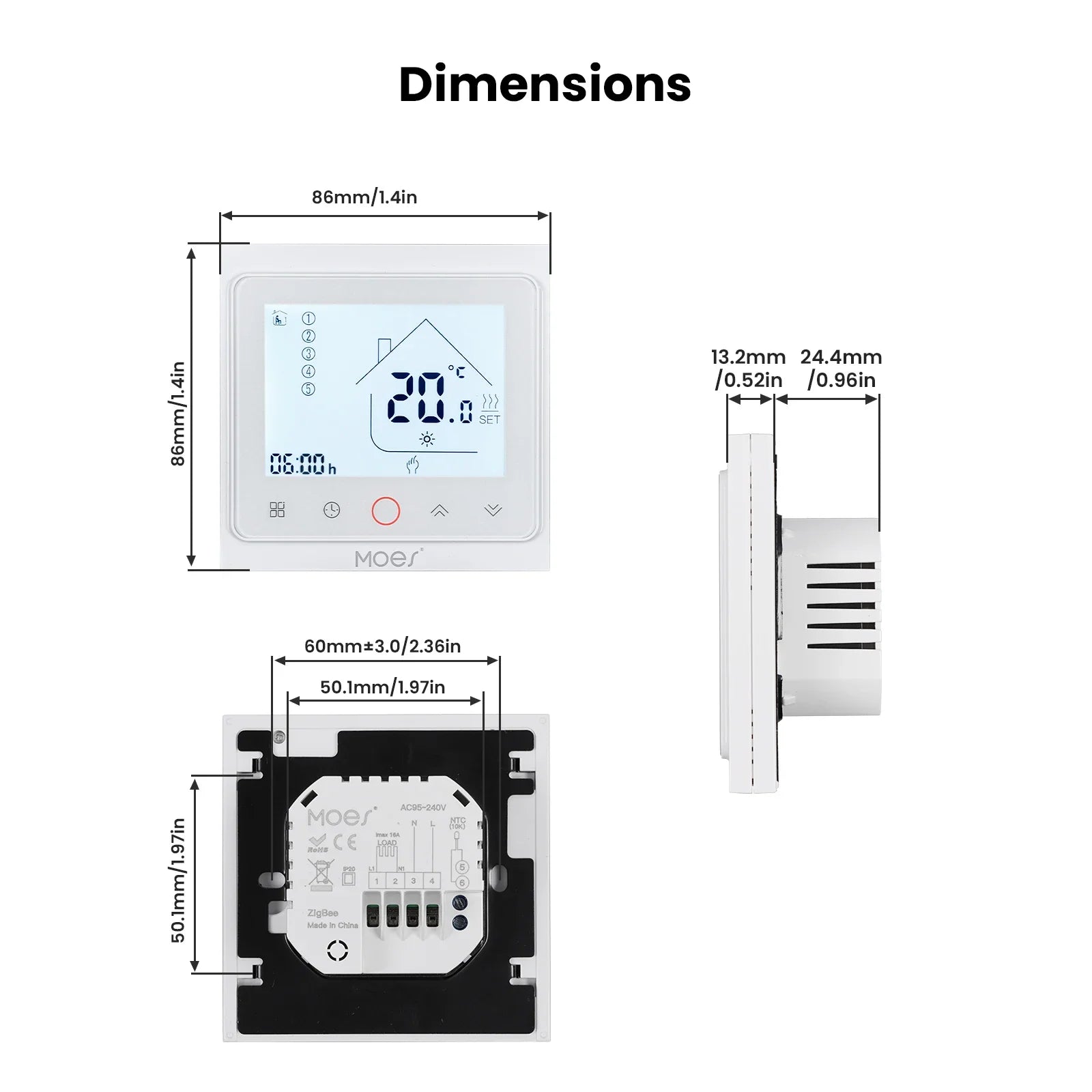 Schéma des dimensions du NéoControl Comfort avec face avant, profil latéral et boîtier arrière.