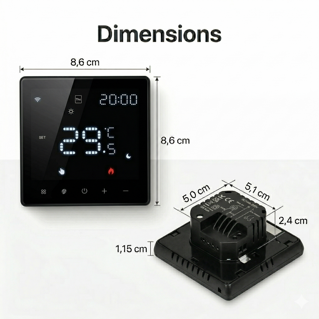 Schéma des dimensions du thermostat mural NéoPure Comfort noir absolu avec module arrière et écran LED.