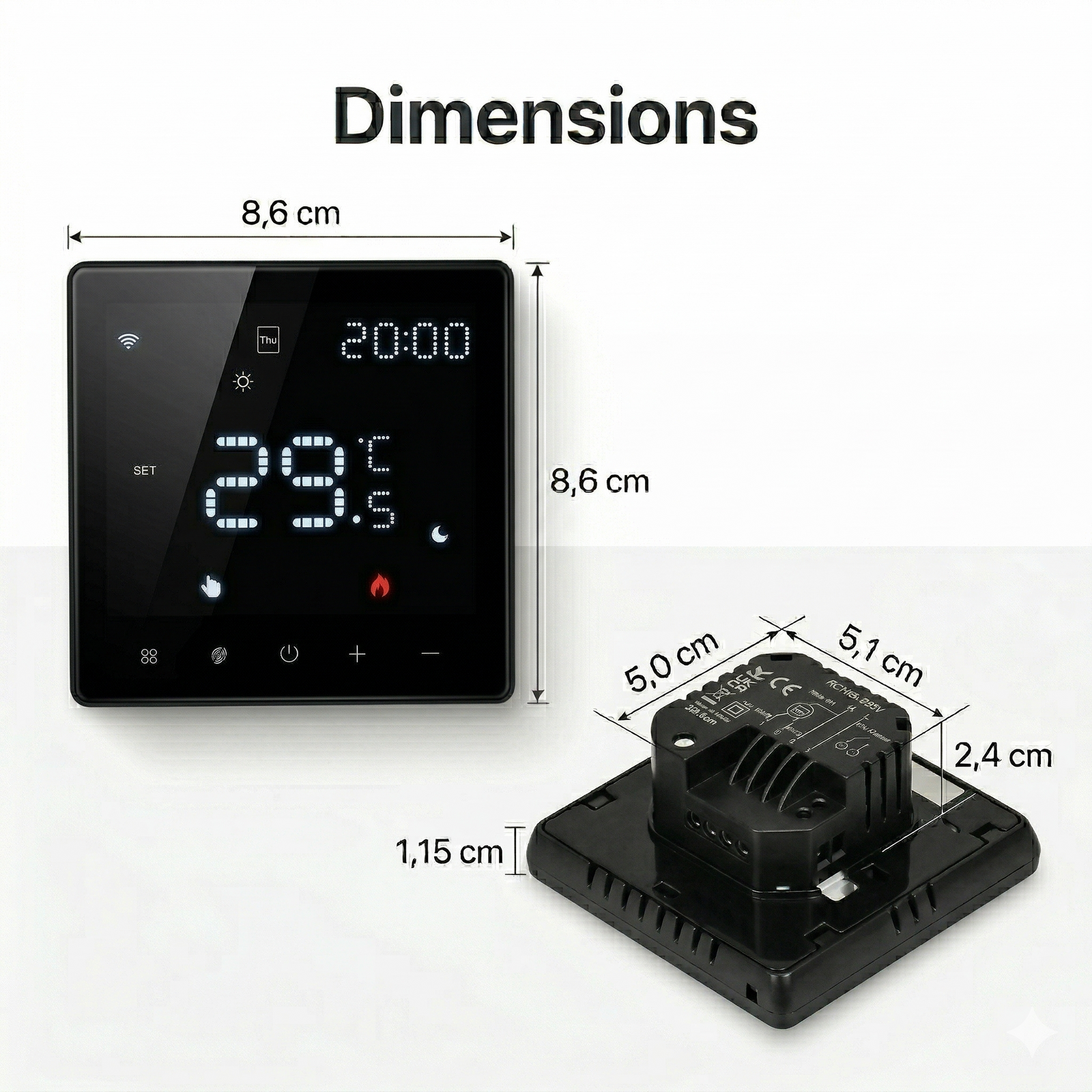 Schéma des dimensions du thermostat mural NéoPure Comfort noir absolu avec module arrière et écran LED.