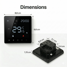 Schéma des dimensions du thermostat mural NéoPure Comfort noir absolu avec module arrière et écran LED.