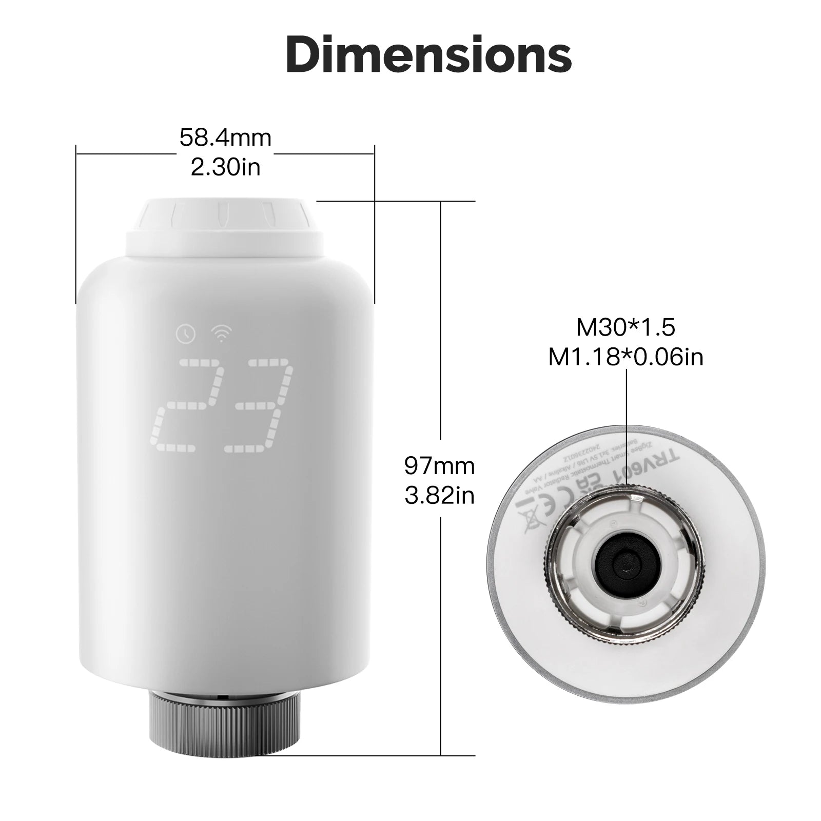Schéma des dimensions de la vanne thermostatique NéoForce Comfort blanc pur avec filetage M30 x 1,5.