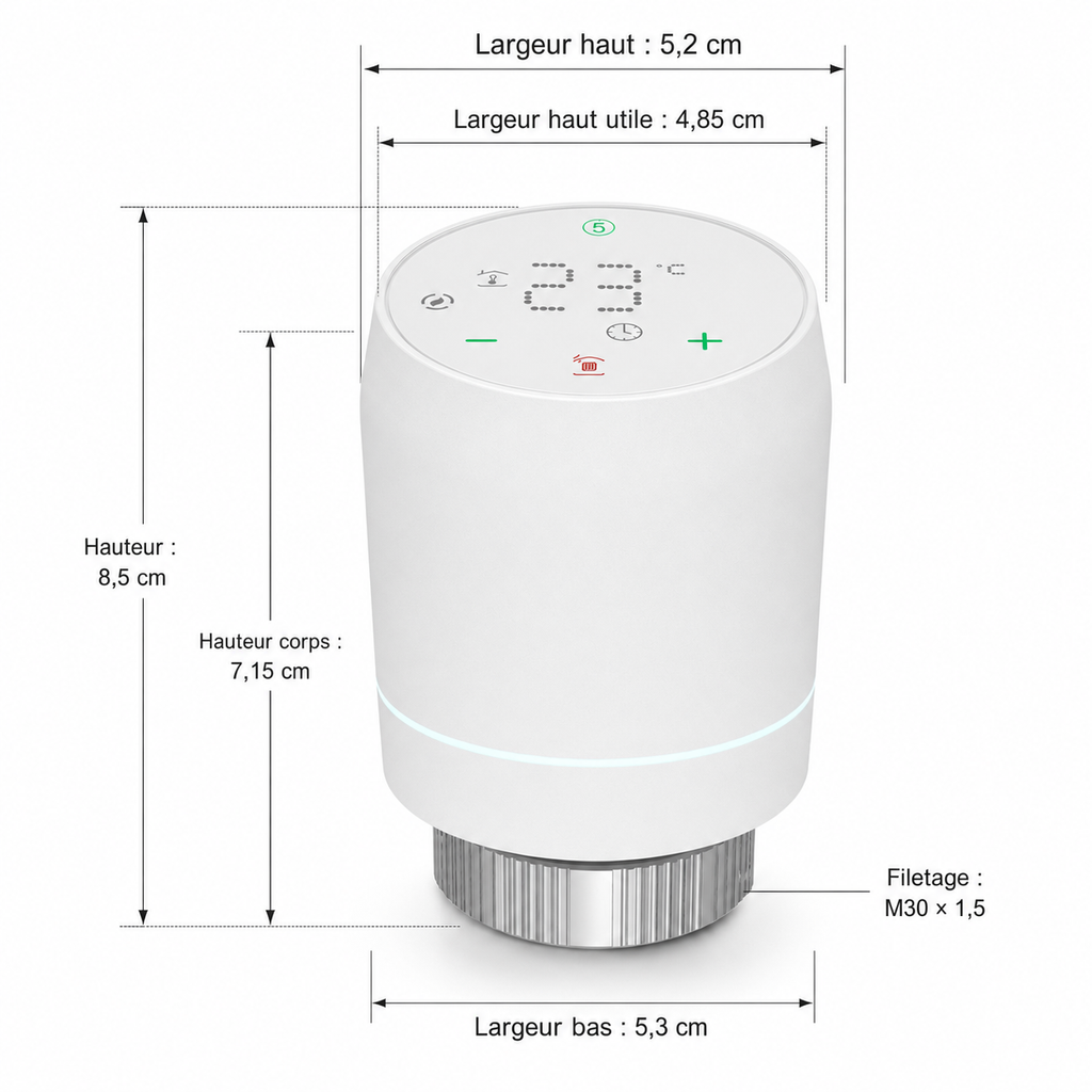 Schéma des dimensions de la vanne thermostatique NéoSoft Curve Comfort blanc pur avec hauteur, largeur et filetage M30 x 1,5.
