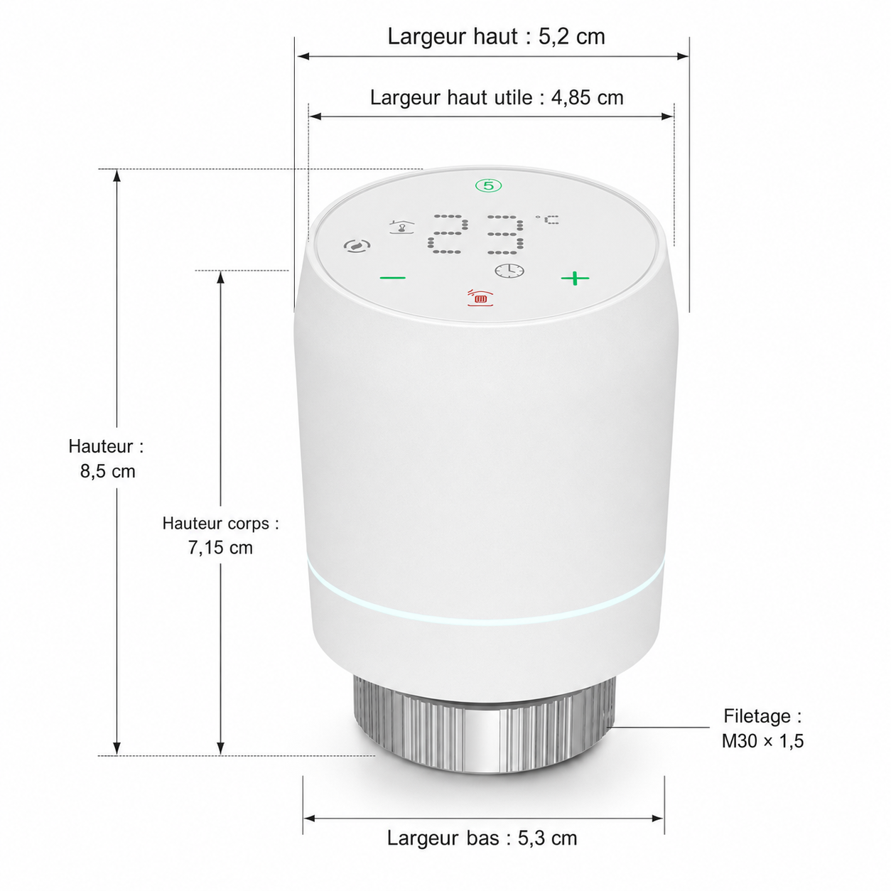 Schéma des dimensions de la vanne thermostatique NéoSoft Curve Comfort blanc pur avec hauteur, largeur et filetage M30 x 1,5.