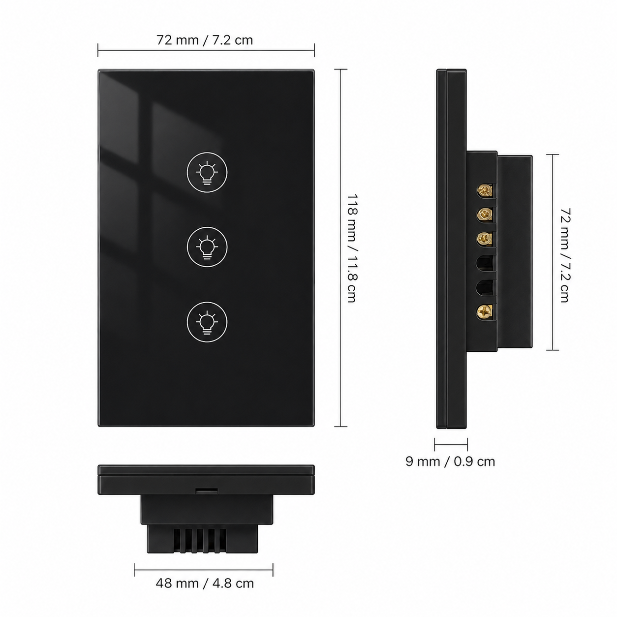 Schéma des dimensions du NéoMulti Dimmer noir avec façade, profil, profondeur et bornier.