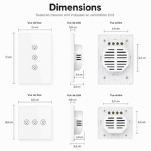 Schéma des dimensions du NéoMulti Dimmer avec vues de face, de côté et arrière.